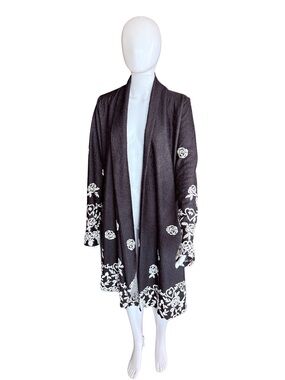 Vintage Whimsigoth Cover Charge Black Floral Trim Cotton Cardigan XL